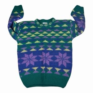 Vtg 80s Gallagher Womens Small Turquose Purple Mohair Nordic Snowflake Sweater
